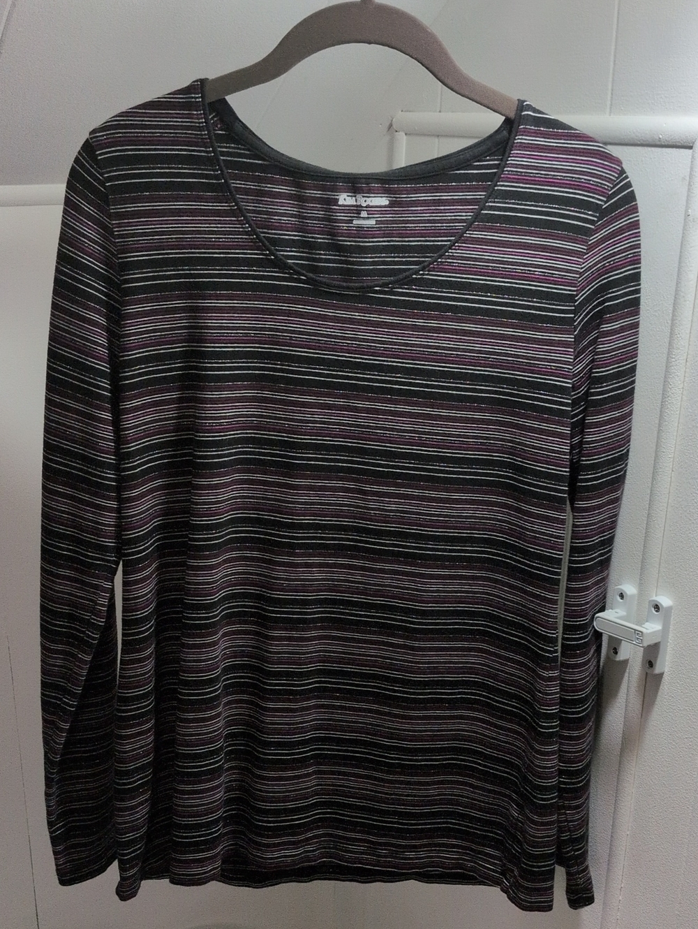 Kim Rogers Black and Purple Striped Long Sleeve Scoop Neck Tee